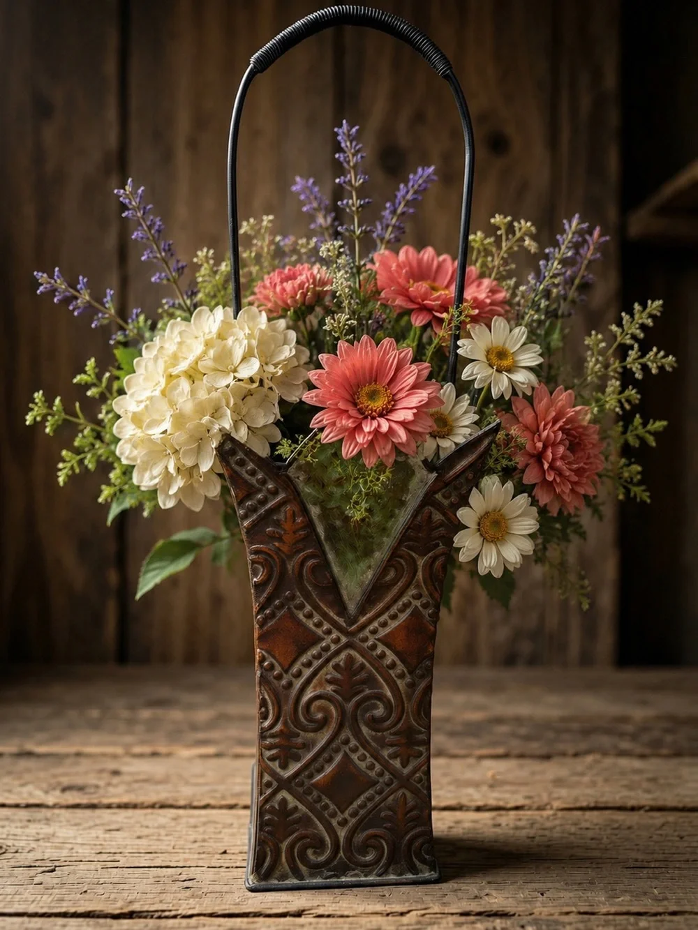 Rustic Brown Metal Vase, Pail with Handle - umbrella, kitchen tool holder